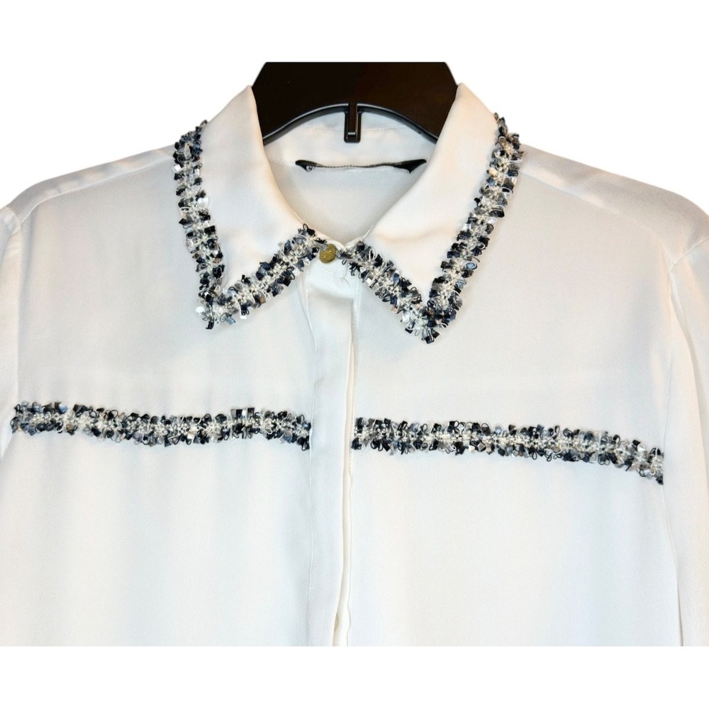 ZARA Women's Ivory Sheer Blouse Tweed Trim Long Sleeve Office Chic Classic S - Picture 8 of 15
